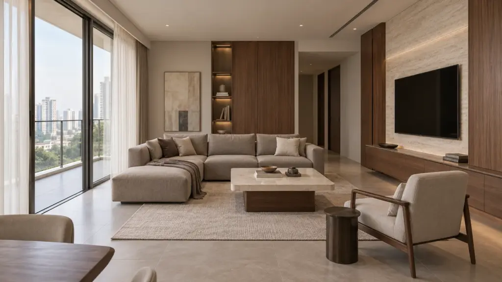 Phòng khách căn hộ hiện đại Luxury với sofa taupe, bàn trà đá sáng, gỗ óc chó và vách TV