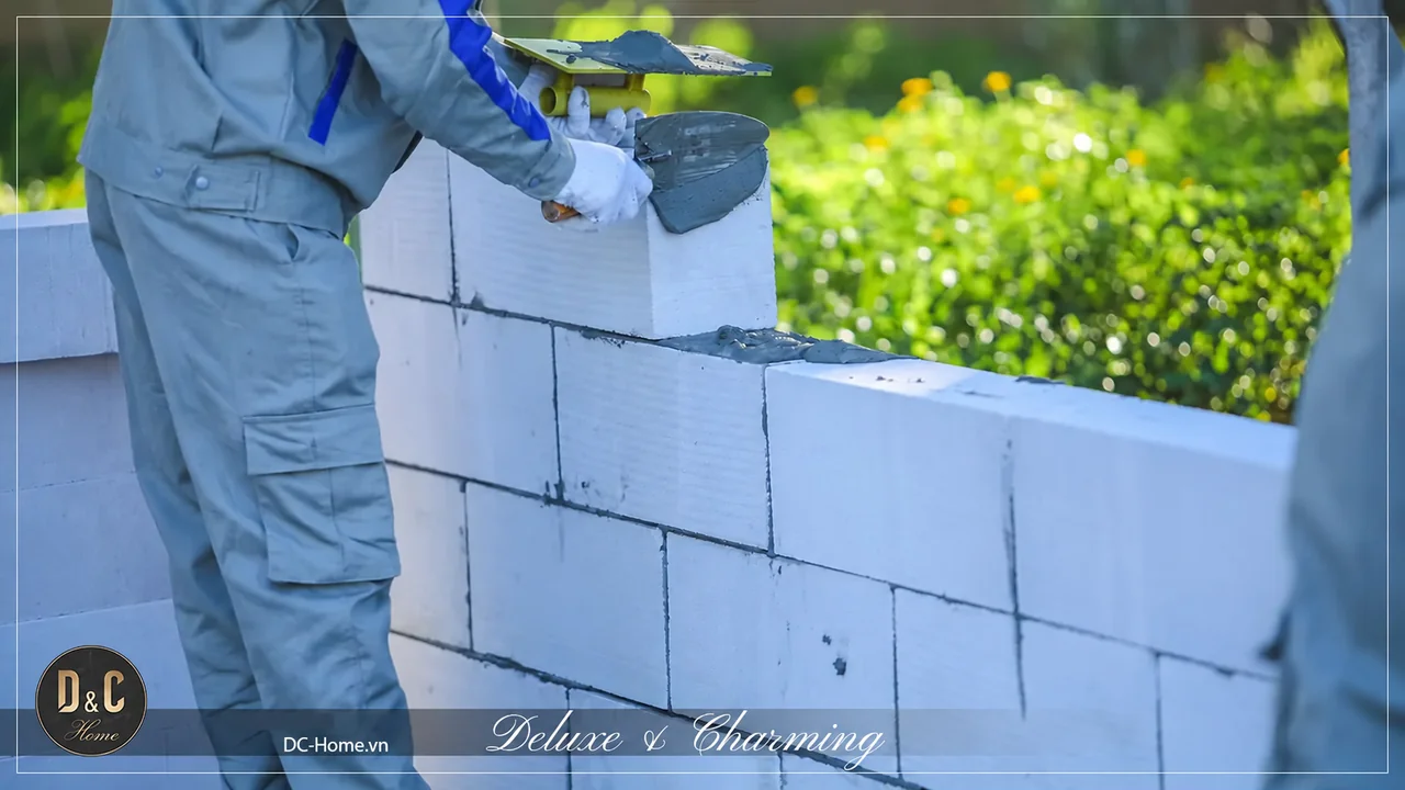 Thợ trải vật liệu liên kết để đặt gạch màu sáng trên hàng tường