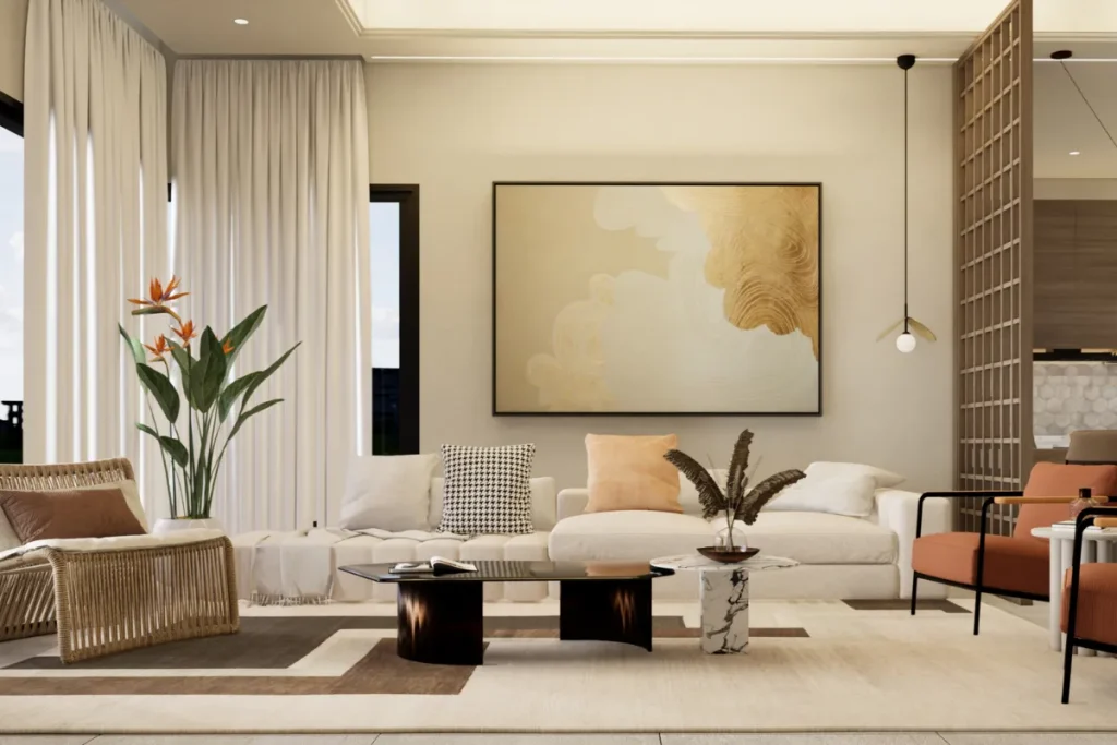 Phòng khách tông kem với sofa sáng màu, ghế cam đất và cây xanh cạnh rèm cửa
