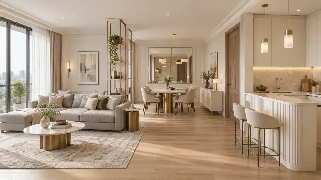 Phương án phòng khách liền phòng ăn tân cổ điển với sofa chữ L xám bên cửa kính, bàn ăn và bếp phía sau