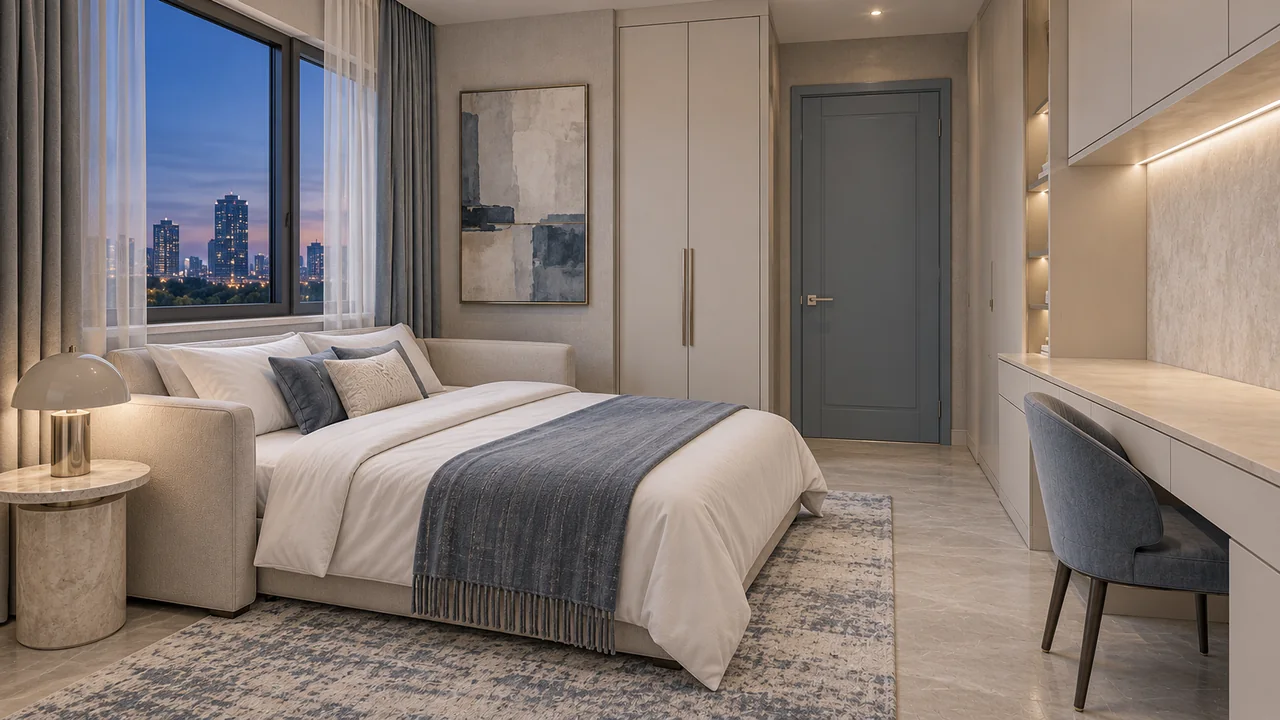 Sofa giường mở trong phòng đa năng Hiện đại Luxury, giường đã chuẩn bị cho khách và bàn làm việc gọn