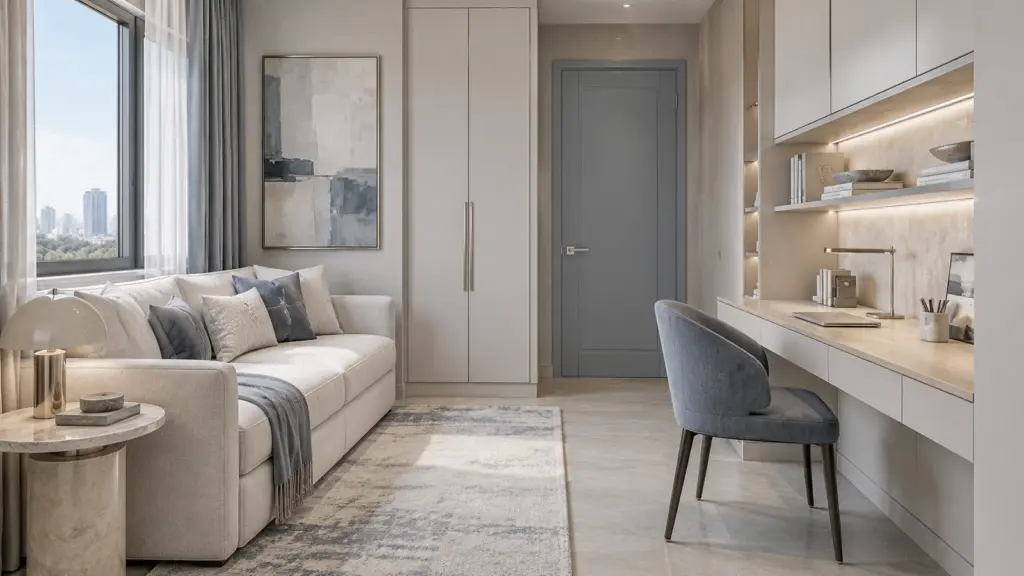 Phòng đa năng Hiện đại Luxury giả định với sofa giường đóng, bàn làm việc và cửa riêng