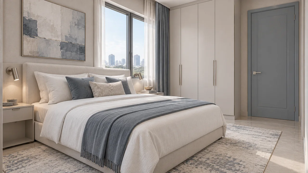 Phòng ngủ riêng cho khách phong cách Hiện đại Luxury với giường bọc nệm và bảng màu ngà xanh ghi