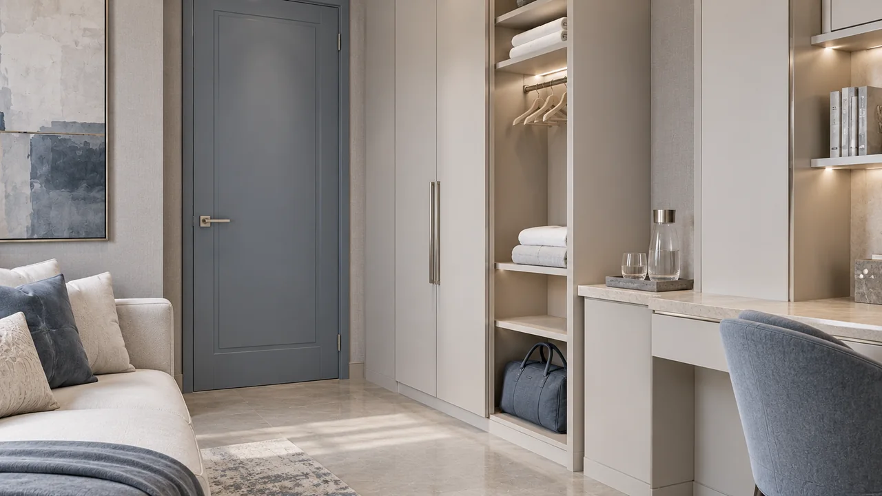 Cửa riêng, ngăn tủ và khay nước dành cho khách trong phương án phòng Hiện đại Luxury