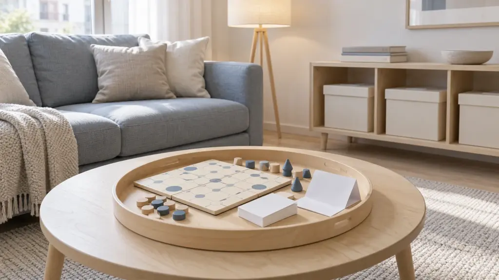 Góc chơi chung phong cách Scandinavian với bảng chơi, quân và thẻ trên khay cạnh sofa xanh xám