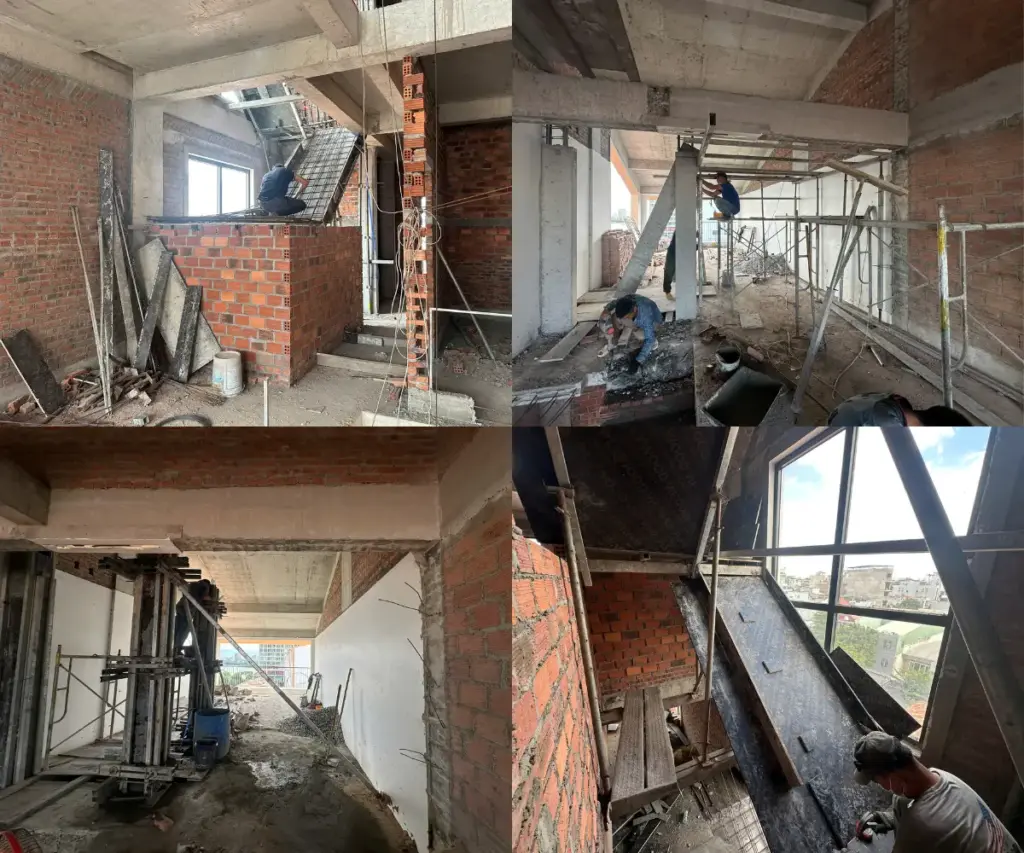 Bốn góc nhìn nhà đang xây thô với tường gạch, cầu thang và giàn giáo