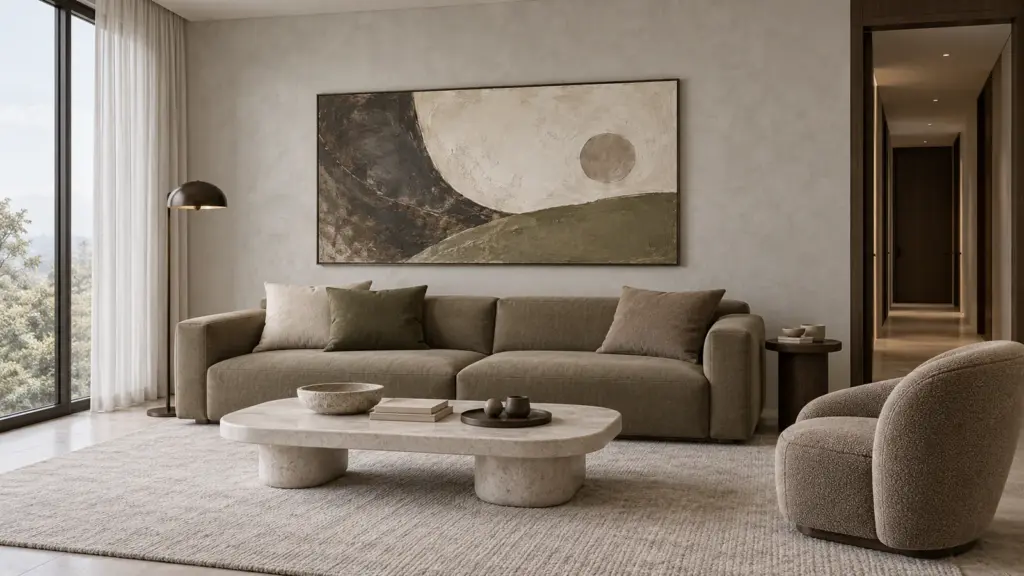 Phòng khách Hiện đại Luxury với một tranh lớn trên sofa olive và khoảng tường thoáng hai bên