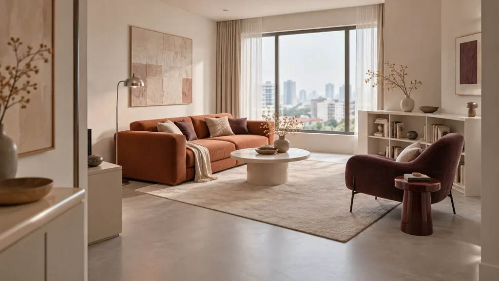 Phương án phòng khách với sofa đất nung và ghế riêng màu tím trầm