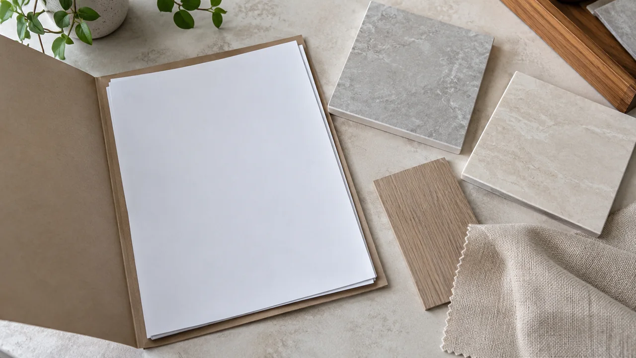 Minh họa bàn tài liệu và mẫu vật liệu hoàn thiện để đối chiếu sản phẩm