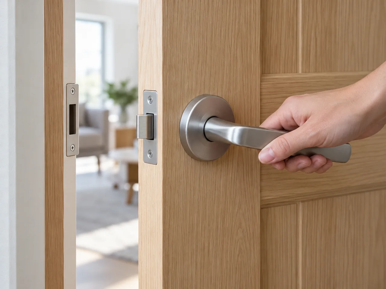 Minh họa bàn tay giữ tay nắm khi cánh cửa đang mở