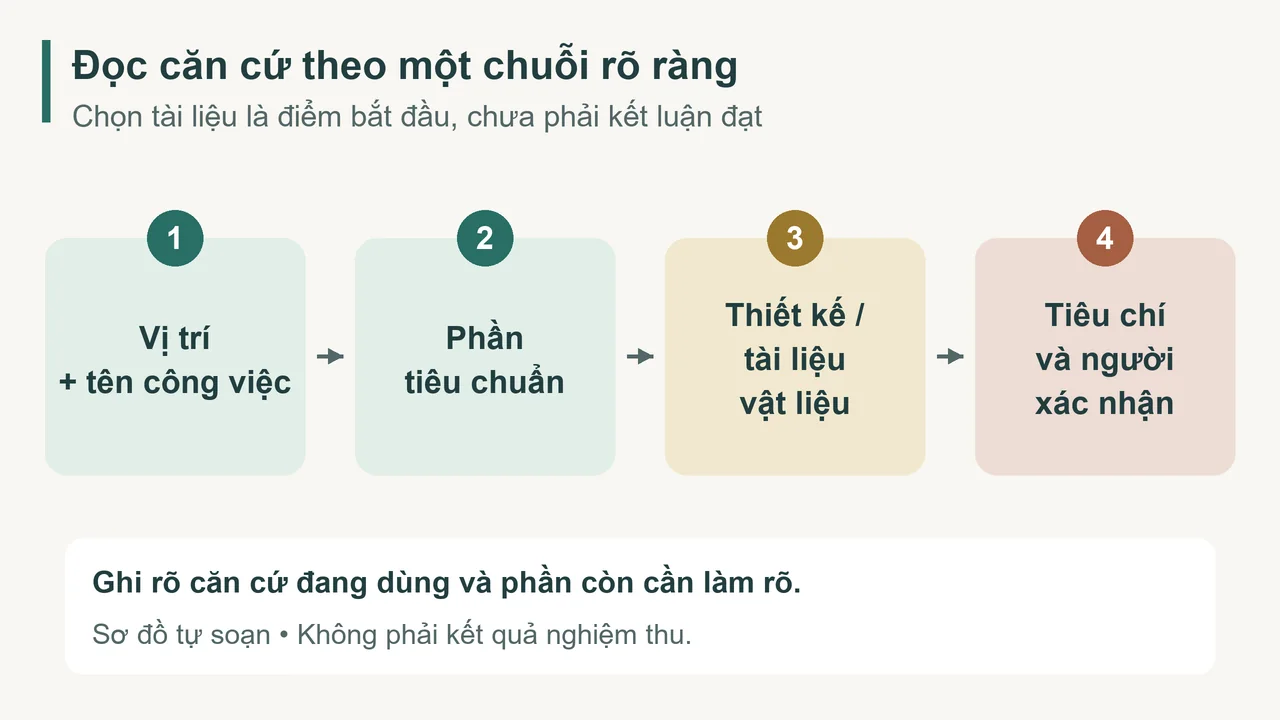 Sơ đồ nối vị trí và tên công việc với phần tiêu chuẩn, hồ sơ vật liệu và căn cứ kiểm tra