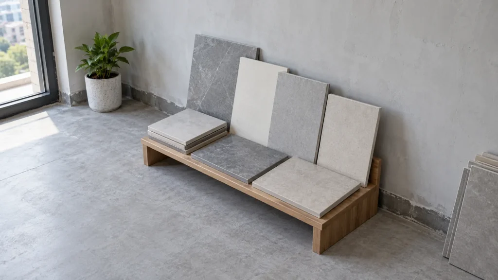 Minh họa góc nền và tường với các mẫu vật liệu để chuẩn bị đối chiếu phần việc